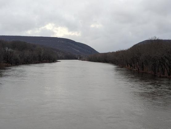 The Delaware River, as soon off the of the Portland-Columbia pedestrian bridge.  The Paulinskill Viaduct and Delaware Water Gap are visible.