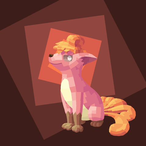 A vulpix, sitting proudly with the front legs straightened out and staring to the right of the viewer slightly. It is a digital drawing but the pieces of the body are divided into quadrilaterals that are then colored depending on the light source, making it look like it was made in a 3D modelling program.