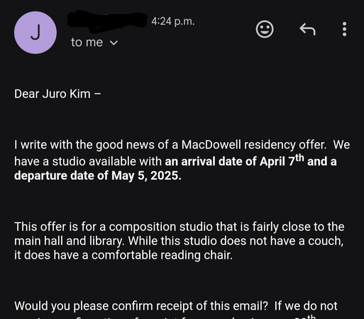 Letter of invitation for a Macdowell artist residency