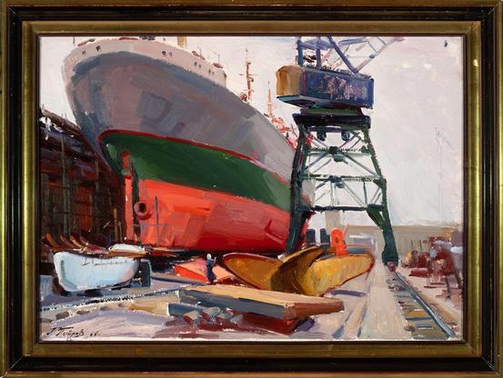 A Soviet-era Ukrainian painting of a large ship in harbor, painted in red, green and white. At first, you don't even see the small figure on the dock, but once you do it makes you think about scale and humanity, not just the triumphs of industrialization.