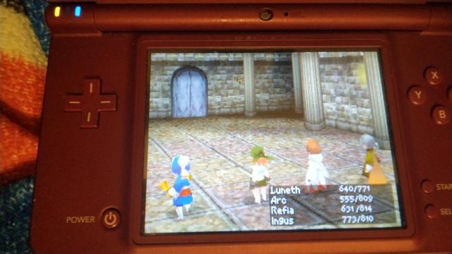 Photo of a Nintendo DS, showing post battle scene. Party is Scholar, White Mage, Thief, and Geomancer.