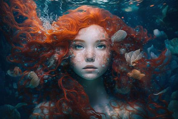 An illustration of a woman with curly red hair, underwater. Around her are fish and seaweed.