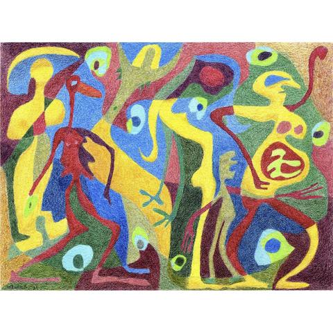 A colorful drawing made with colored pencil. There are abstract human figures that move vulnerably to one direction. They are watched by anxious eyes