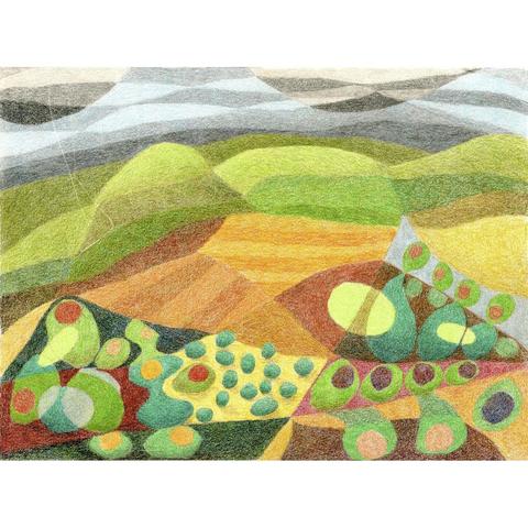 Abstract colored pencil drawing of a landscape with hills and arable fields in yellow, green and brown tones