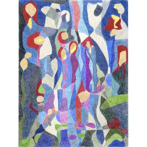 Abstract colored pencil drawing of human figures that appear to be praying
