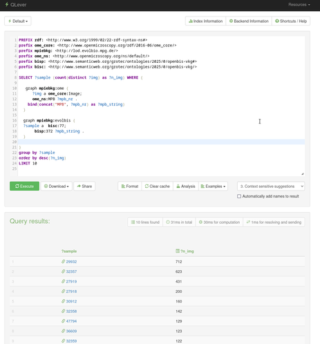 sparql query and response against a knowledge graph for microbial population biology