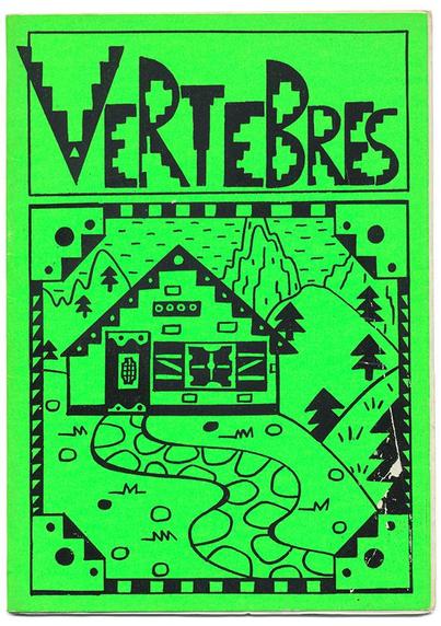 couverture de Vertebres n°2 : le dessin d'un chalet de montagne, dans un registre naïf et géométrique