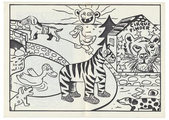double page de Vertebres n°2 : le dessin d'animaux malades et idiots devant une maison dont le mur peint représente une publicité pour le Cirque Pinder, le tout dans un registre naïf et géométrique