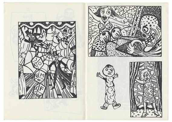 double page de Vertebres n°2 : plusieurs dessins de magiciens de fête foraine et de monstres, le tout dans un registre naïf