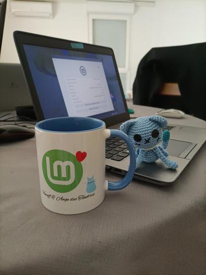 En arrière plan, un laptop avec Linux Mint.
Au premier plan, une tasse blanche avec du bleu et le logo de Linux Mint avec un coeur et un chat bleu et en dessous marqué Vinceff & Ange des Ténèbres