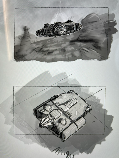 Two panels. One is space ship flying over landscape. The other is a different view of the shop