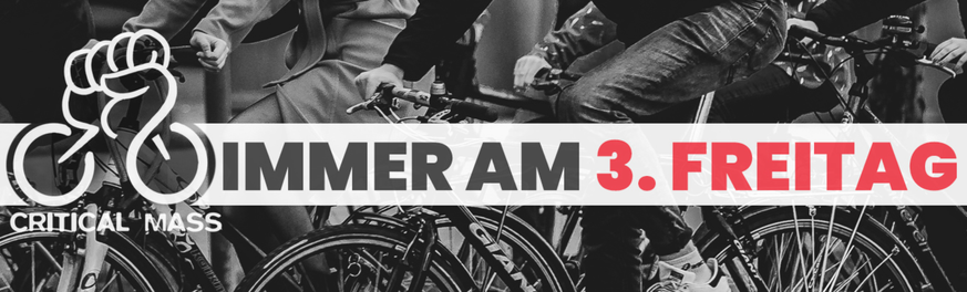 Das Logo der Critical Mass, ein Fahrrad was zur gereckten Faust wird mit dem Text "Immer am 3. Freitag".

Im Hintergrund Personen auf Fahrrädern, die in einer Gruppe durch Mannheim fahren.