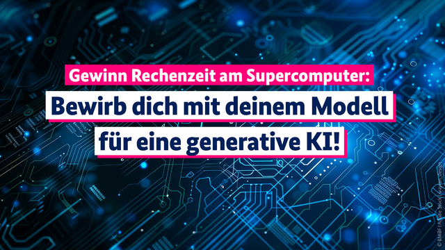 Das Bild zeigt eine Chiparchitektur. Die Bildaufschrift lautet: Gewinn Rechenzeit am Supercomputer: Bewirb dich mit deinem modell für eine generative KI!