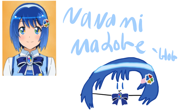 A drawing of Nanami Madobe depicted as a 'blob' character which is a simplified, rounded version of her design. The drawing includes her signature blue hair with bangs, a light blue headband, and a flower hair clip with colorful petals, has line-shaped eyes and a small, surprised mouth, next to a reference image of the original character