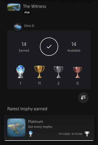Screenshot of the PS app showing the platinum trophy has been obtained for The Witness