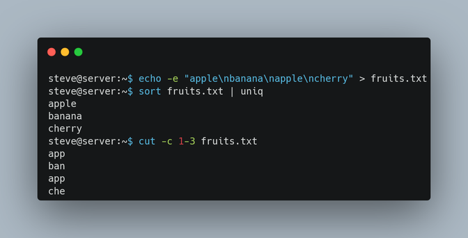 **ALT Text:** A terminal window displaying a Linux command-line session. The user creates a file named `fruits.txt` containing the words "apple," "banana," and "cherry" using the `echo` command. The `sort` command is used to sort the file, and `uniq` removes duplicates, resulting in a sorted list of unique words: "apple," "banana," and "cherry." Finally, the `cut -c 1-3 fruits.txt` command extracts the first three characters of each line, outputting "app," "ban," "app," and "che."