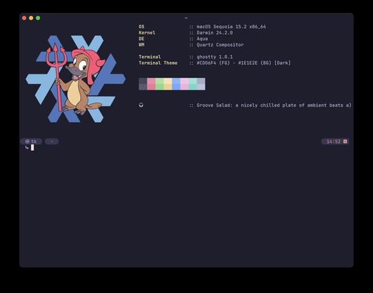 Terminal showing technical output from fastfetch. On the left: the Darwin mascot Hexley holding a pitchfork, superimposed over the Nix logo. On the right a handful of technical data.