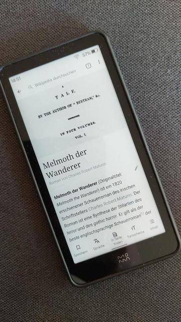 Der InkPalm Plus Reader zeigt Informationen aus der Wikipedia zum Buch „Melmoth der Wanderer“ mit Titel und einer kurzen Beschreibung.