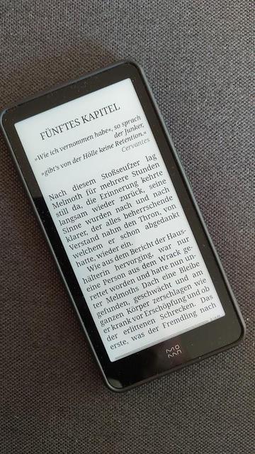 Der InkPalm Plus Reader zeigt eine Buchseite mit der Überschrift "Fünftes Kapitel", darunter ein Textausschnitt aus einem literarischen Werk (Melmoth der Wanderer).
