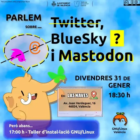 Cartel que anuncia el evento de "Hablemos", organizado por GNU/Linux València, con la temática de "Twitter, BlueSky y Mastodon", para el 31 de enero de 2025 a las 18:30. También se puede leer que estarán a las 17:00 realizando un pequeño taller de instalación. El evento se realizará en Las Naves, en Avenida Joan Verdeguer, 16, València.