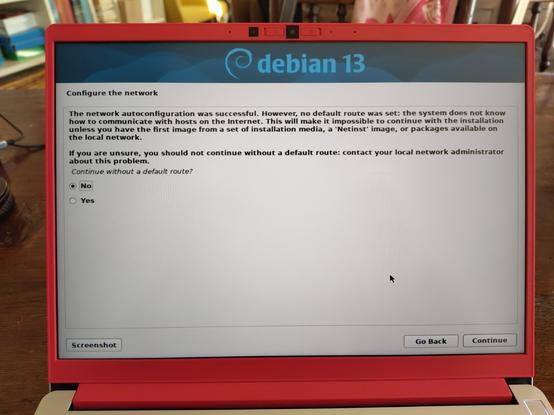 Network configuration in the Debian 13 Alpha GUI Installer.