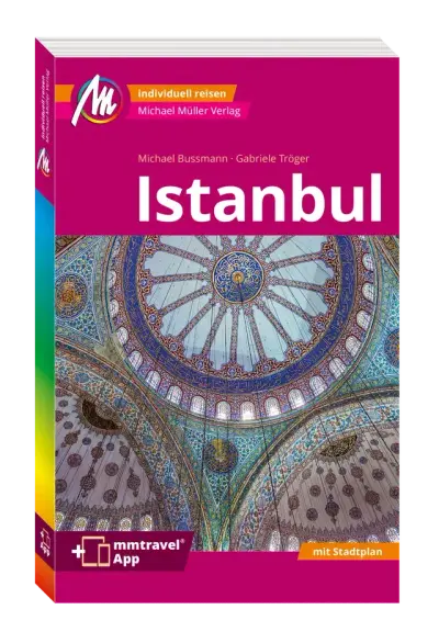 Cover des MM-City Reiseführers Istanbul
Oben kastanienbraun hinterlegt
Mitte-Unten ein Bild der Decke einer Moschee