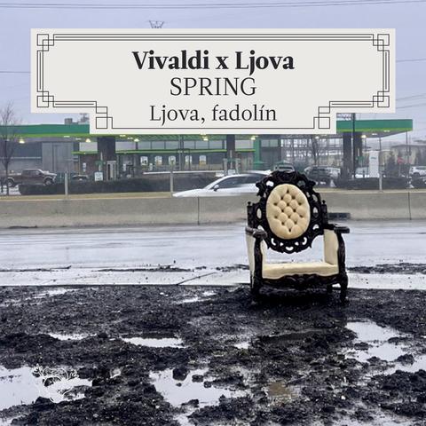 cover of Ljova's new album "Vivaldi x Ljova: Spring", showing an old vintage-looking armchair in the middle of a dirty stretch of a highway, rain puddles, and a gas station in the background. It's a gray rainy day.