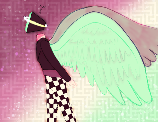 A digital drawing of Ribbons, the Stream Angel, standing and looking up to the left. She's wearing her usual outfit; maroon leather jacket, pink flannel, and checkered pants. Her green wings are spread out wide, in curiosity. Her TV head screen is displaying green and she has a small halo around her head.