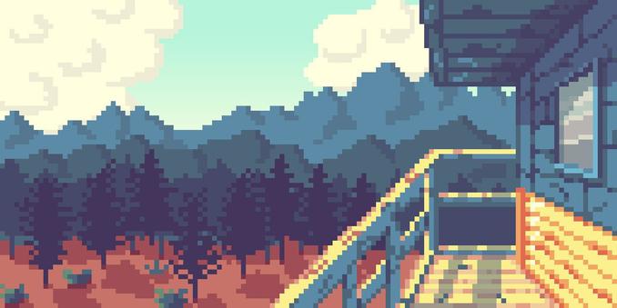 A pixel art interpretation of the game "Firewatch". It's a first person perspective from a tower, with layers of trees and mountains in the background. The palette is limited to red, yellow, and blue hues.