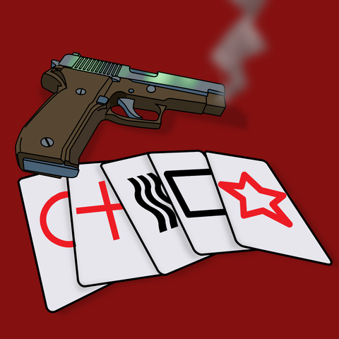 A pistol and a hand of Zener cards drawn by Michael J Patrick, who killed Minsc and Boo when he played Baltur's Gate 3