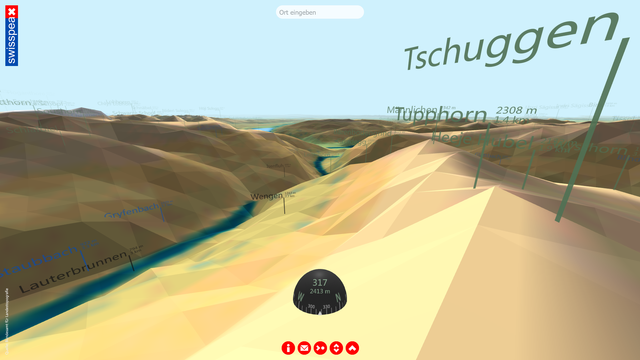 Virtuelle Aussicht vom Lauberhorn in Richtung Wengen: Screenshot der Webapp "swisspeaX".