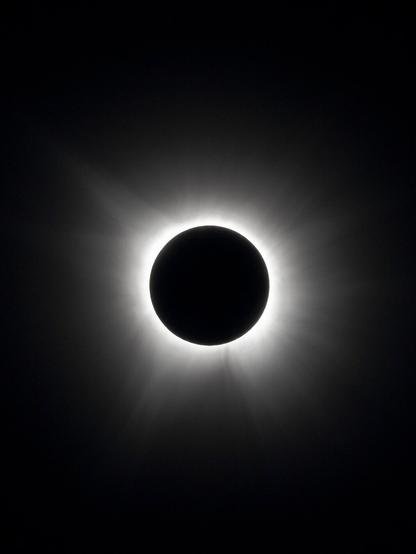 A photo of the 2024 Total Solar Eclipse during totality, the moon appears as a black circle in the centre of the image, surrounded by a bright white ring and the solar corona radiating outwards