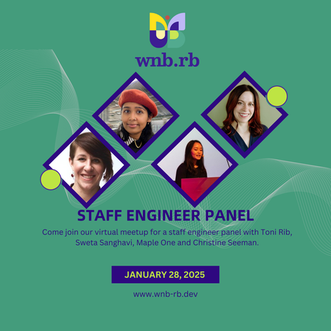 WNB.rb logo with headshots of the four engineers on the panel, Toni Rib, Sweta Sanghavi, Maple Ong and Christine Seeman. It says below Staff Engineer Panel. Come join our virtual meetup for a staff engineer panel with Tony Rib, Sweta Sanghavi, Maple Ong and Christine Seeman. January 28, 2025