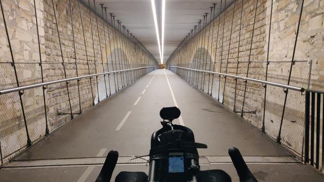 Meine Perspektive vom Rad aus. Ich fahre über eine Brücke. vor mir 3 Spuren. 2x Radlis 1x Fussis. Überdacht, weil oben fahren noch andere Verkehrsmittel