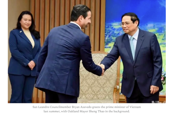 San leandro Councilmember Azevedo meeting President of Vietnam with Sheng Tao on junket to country sponsored by govt contractors ... Danny Glover was also on the trip along with Alameda County's Sheriff.