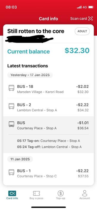 Screenshot of snapper transactions including a bus running at 05:17 - way too early for any reason to be up and about, when it should be an hour later. The system failed to apply a transfer because of this time warp
