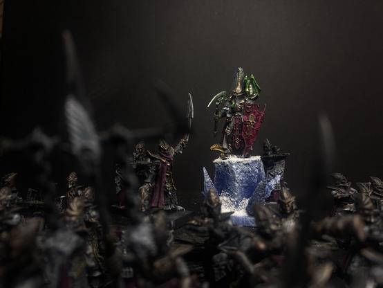 Unnamed, as of yet Dark Elf Noble peering over his masses of troops on an ice cliff. A small wyvern perches on his shoulder. Another FediPaint entry.
