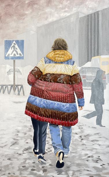 Oil painting of two people walking forward, their backs to us. Their footsteps add to the many footprints on a snowy sidewalk. On the right is an adult wearing a warm winter jacket and wrapping it around the shoulders of the child on the left who is leaning in to keep warm. The coat is made of many pieces of fabric. The patterns in the fabric come from textiles in a quilt which belonged to my grandmother. In the distance are a traffic sign on the left, a pedestrian on the right bundled up against the cold, misty gray cars and buildings, and a low, snow-laden sky above. Snow is falling over the scene.