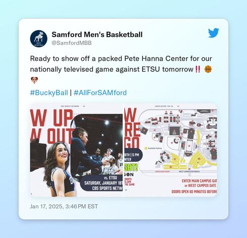 Ready to show off a packed Pete Hanna Center for our nationally televised game against ETSU tomorrow‼️ 🏀🐶

#BuckyBall | #AllForSAMford https://t.co/eLagdpMk92