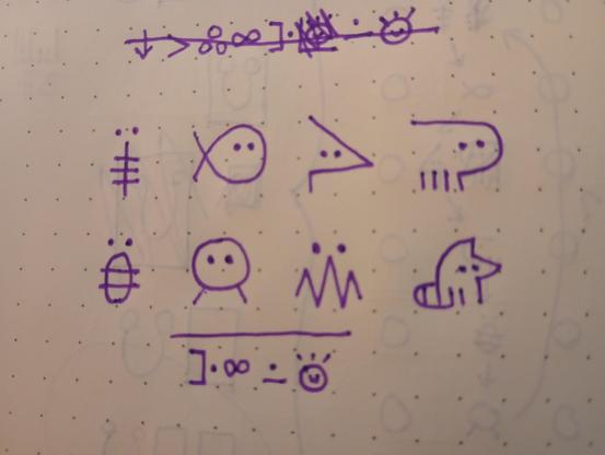 eight glyphs from sitelen pona, the pictogram set for toki pona

pipi (bug), kala (fish), waso (bird), soweli (mammal), akesi (lizard), jan (person), monsuta (monster), kijetesantalaku (creature from the genus Mustelid such as a raccoon or red panda).

kala, jan, and monsuta have been modified to have beady eyes like the others.

under this chart, in smaller writing: "sinpin ale lon toki pona", which means "all the faces in toki pona" or, said another way, "all the types of little guys".