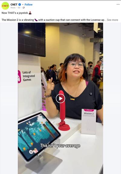 A social media ad placed by CNET on Facebook, covering a sex toy that CNET seems particularly impressed with. The lede text above the video clip opens, "Now THAT is a joystick (joystick emoji) the mission 2 is a vibrating (eggplant emoji) with a suction cup that can connect with the Lovesense app..."