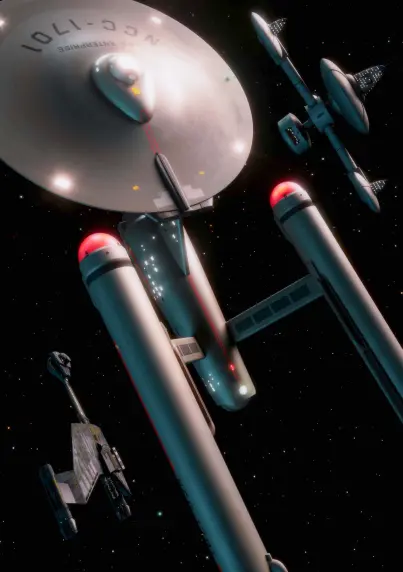 Description by ChatGPT: The image is a 3D render inspired by Star Trek: TOS, specifically the episode "The Trouble with Tribbles." It showcases the starship USS Enterprise NCC-1701, rendered in stunning detail against the backdrop of deep space, speckled with stars.

The Enterprise dominates the scene, with its large, saucer-shaped primary hull prominently displayed at an angle. The hull is marked with the ship's registry number, "NCC-1701," and the name "U.S.S. Enterprise". Its smooth, metallic surface reflects faint ambient light, giving it a polished, futuristic appearance. The ship's two cylindrical warp nacelles extend below and to the sides, glowing red at their caps, connected to the main body by sleek pylons. A faint red glow lines certain panels and conduits, adding to its futuristic aesthetic.

In the background, a Klingon D7-class battle cruiser looms, its sleek, predatory shape distinct with its long, thin neck leading to a bulbous command module and broad, flat wings. The Klingon ship appears menacing but smaller in comparison to the Enterprise

To the side, a space station from the episode floats—likely the K-7 station. It features large, saucer-like modules connected by thin pylons and illuminated by small, dotted windows, giving the impression of a bustling outpost in the void.

The scene captures the tension and iconic elements of the Star Trek universe, paying homage to the famous episode involving Klingons, the Federation, and the ever-multiplying Tribbles.