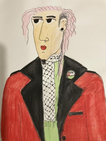 Hot guy in red coat with wide black collar, pink hair, black button earring in left ear, light green t-shirt, black/white keffiyeh, Free Palestine badge, black guyliner, red lipstick, goatee