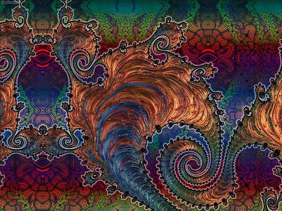 fractal spirals and patterning in subdued red blue green and gold