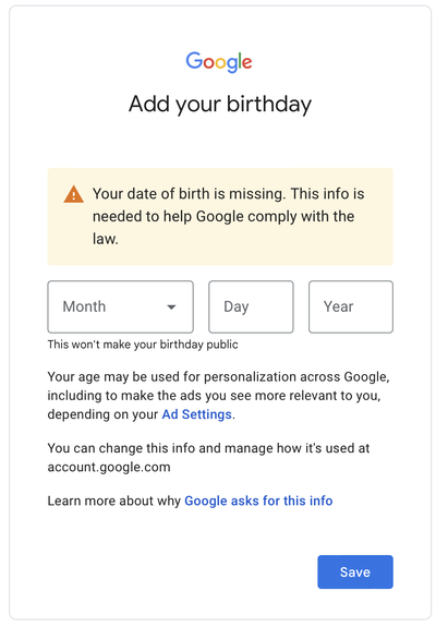 Google can't find my birthday! It's so awkward for them because they probably think I didn't invite them to my birthday party.