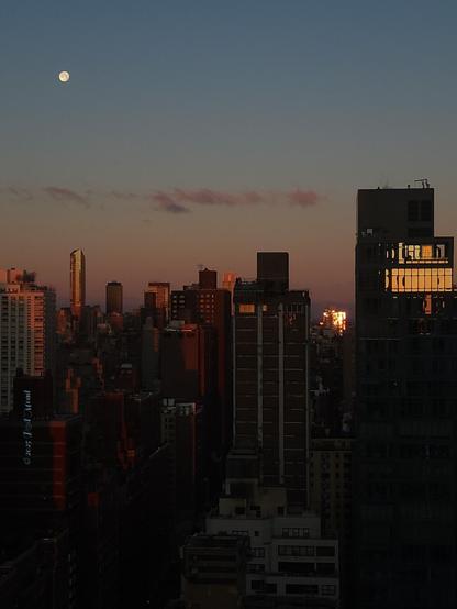 Western view of a cityscape.just before dawn.  A just-past full moon looms but ready to set.  A few glass facade skyscrapers begin to reflect the dawn glow.  The sky runs from pale blue at top to pink on the horizon