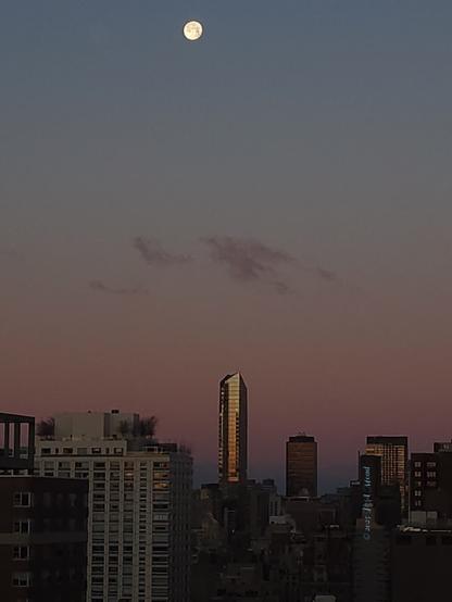 Western view of a cityscape.just before dawn.  A just-past full moon looms but ready to set.  A single glass facade skyscraper begin to reflect the dawn glow.  The sky runs from pale blue at top to pink on the horizon