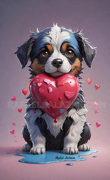 A fluffy black, white and brown puppy dog  with a shiny pink heart in the middle and surrounded by floating pink hearts, with blue paint melted below.