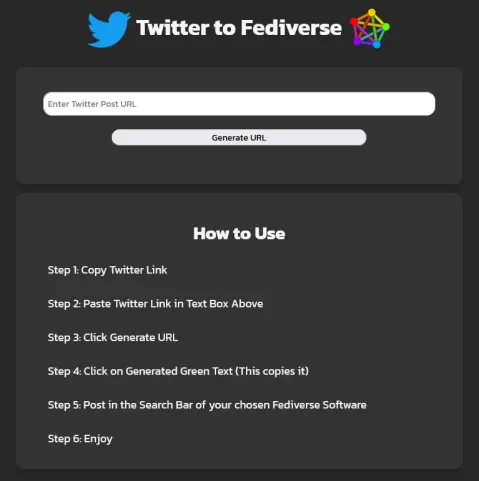 New Twitter to Fediverse Look with the Twitter & Fediverse logos as well as a small 'how to use' section.