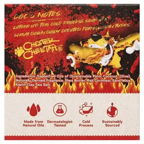 A picture of the back of the soap package. It has Chester Cheetah breathing put fire. There's other text that says,

Doc's Notes: Lather up this cold process soap and scrub down daily. Created for all skin types.

Made from natural oils. Dermatologist tested. Cold process. Sustainably sourced.

Ingredients: Saponified Oils of (Sustainable Palm, Coconut, Olive), Naturally Derived Fragrance, Shea Butter, Red Cornmeal, Sand, Mica, Kaolin Clay, Sea Salt.